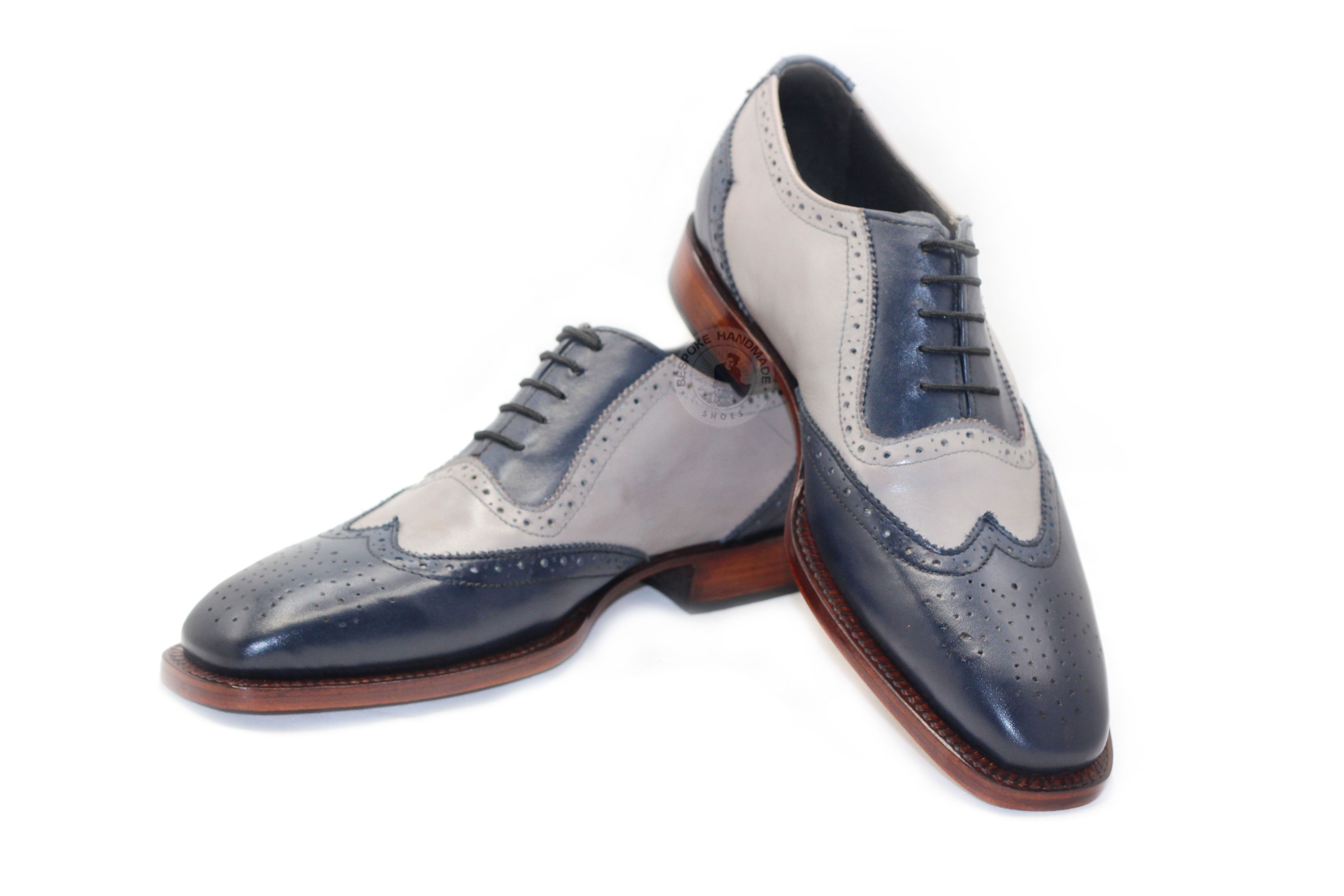 New Custom made Two Tone Brogue Wing's Tip Leather Oxford Lace Up Handmade Shoes