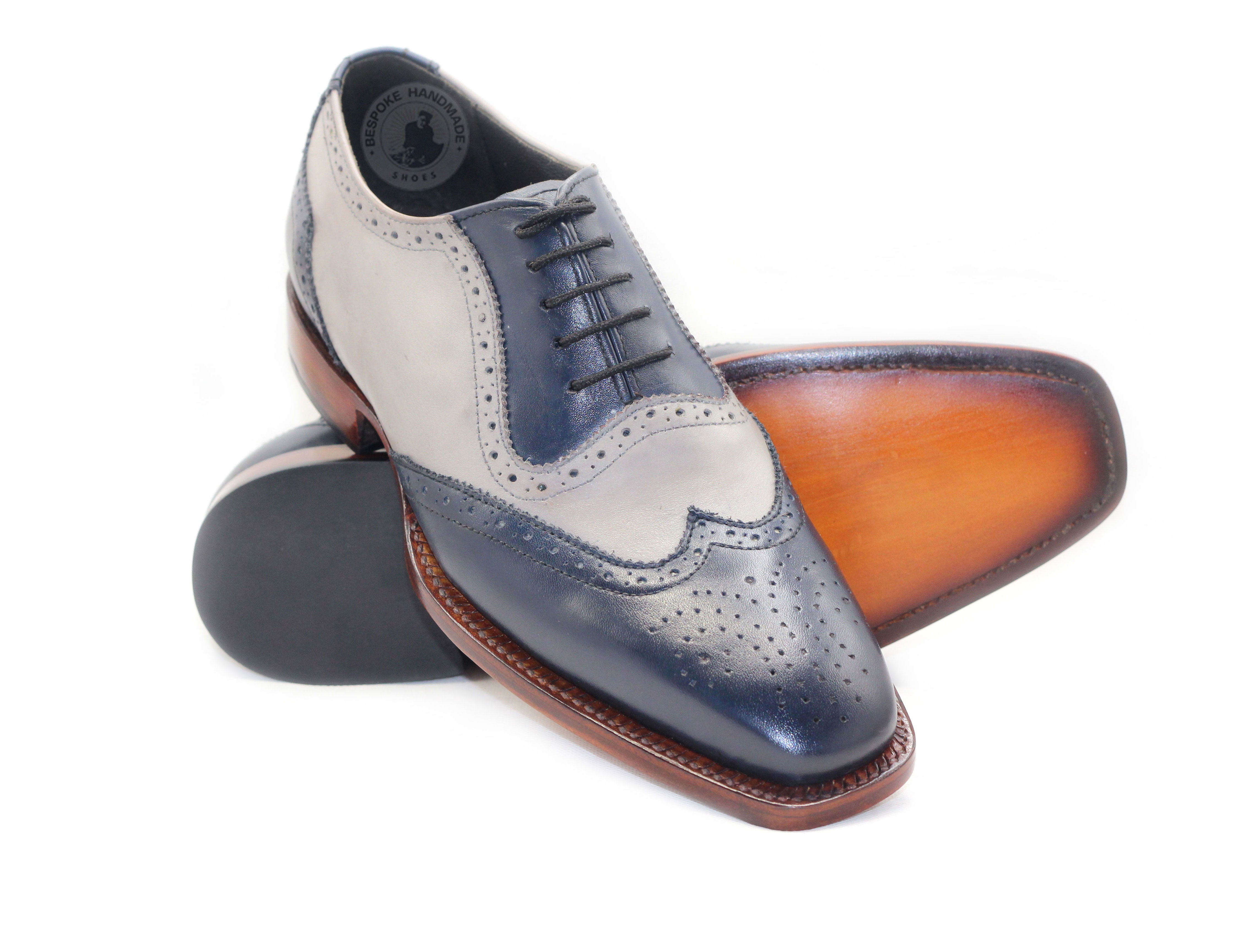 New Custom made Two Tone Brogue Wing's Tip Leather Oxford Lace Up Handmade Shoes
