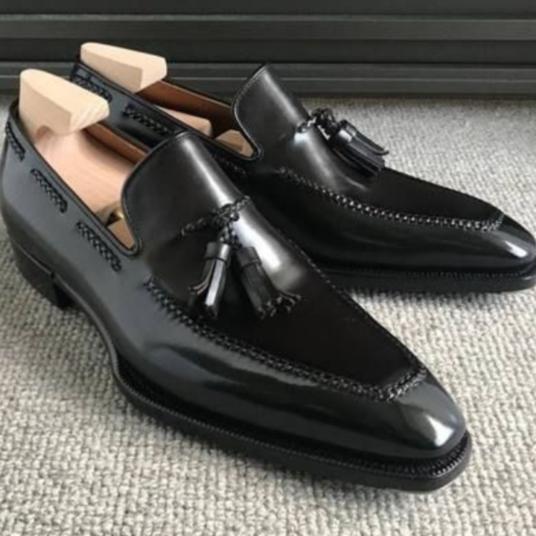 Bespoke Men's Handmade Black Color Leather Oxford Slip On Moccasin Tassels Dress Shoes