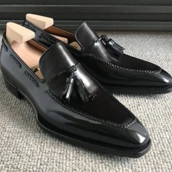 Bespoke Men's Handmade Black Color Leather Oxford Slip On Moccasin Tassels Dress Shoes