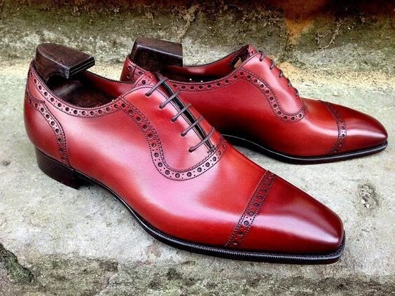 Bespoke Men's Handmade Red Leather Cap-Toe Formal Lace Up Office Dress Shoes