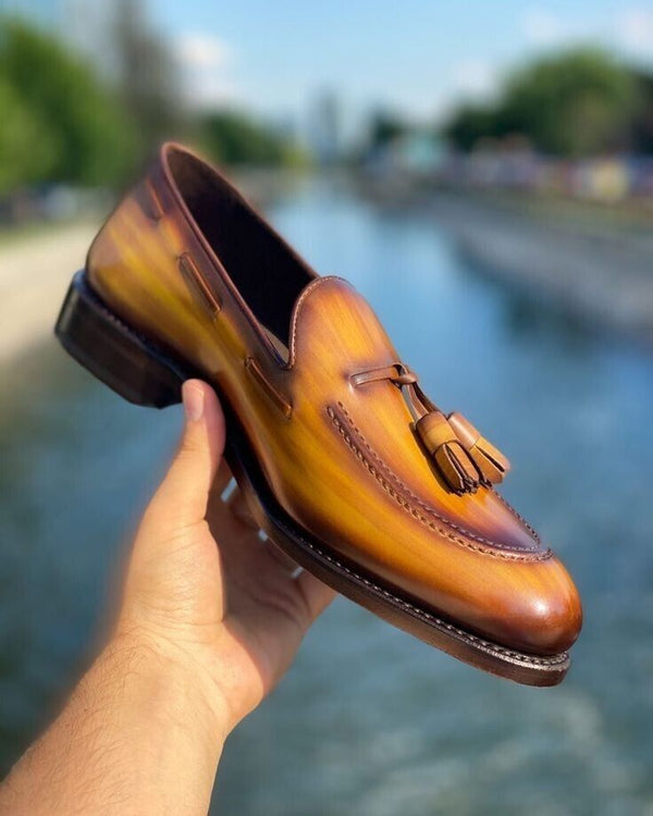 Bespoke  Handmade Customize Custom Shoe Ten & Brown Tassel Loafer Blue Color Wedding