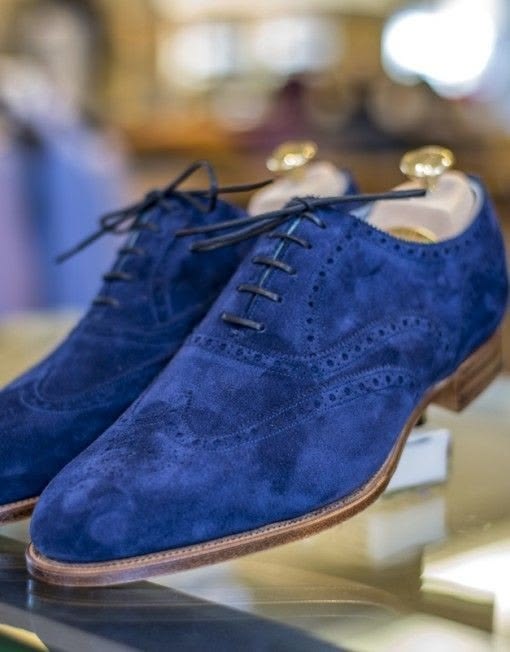 Bespoke Men's New Handmade Shoes Blue Suede Leather Genuine Dress-formal Shoes Lace Up Dress Formal Wear Gift Shoes