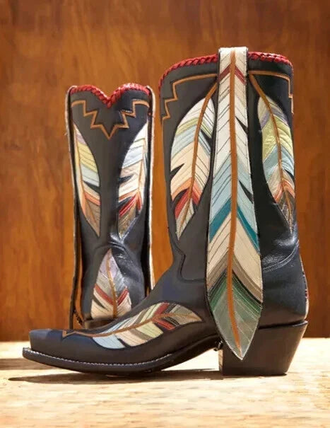 Premium Quality Handmade Men's Bespoke Brown Cowboy Long Feather Western Dress Boots Men