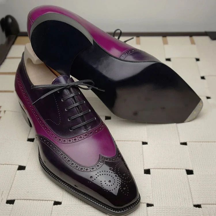 Bespoke New Men's Handmade Black and Purple business round toe thick heel lace-up shoes