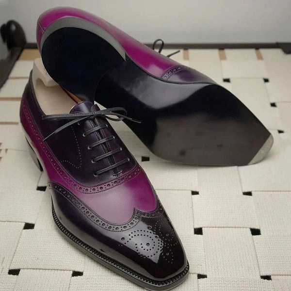 Bespoke New Men's Handmade Black and Purple business round toe thick heel lace-up shoes