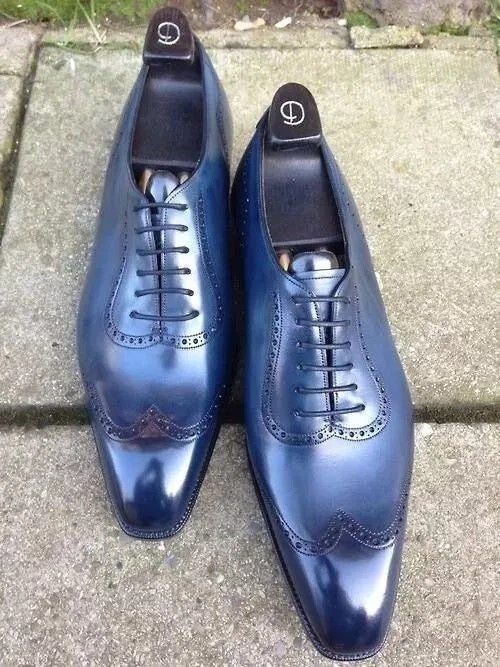 Bespoke Men's Handmade Blue Color Leather Oxford Wingtip Lace Up Dress Casual Shoes