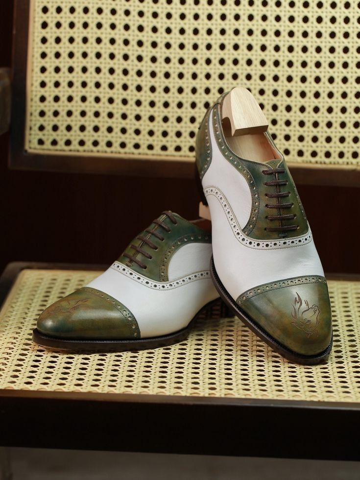 Bespoke Men's Handmade Green and White Leather Oxford Lace Up Leather Sole Shoes
