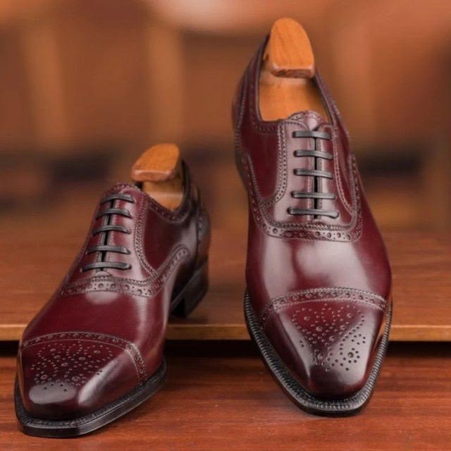 Latest Bespoke Handmade New Men's Handmade Maroon Leather Cap-Toe Brogue Formal Fashion Party Wear Shoes Brogue Cap Toe Oxford For Wedding Shoe