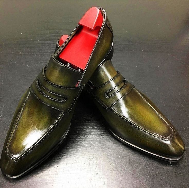 Bespoke New Business Formal Shoes Olive Leather Men's Slip On Moccasin Party Shoes