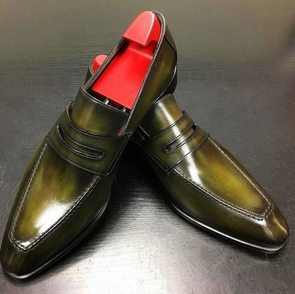 Bespoke New Business Formal Shoes Olive Leather Men's Slip On Moccasin Party Shoes