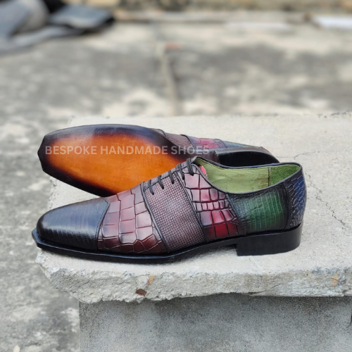 Bespoke Men's Multicolor Crocodile Leather Print Oxford Lace Up Dress Party Wear Shoes Men