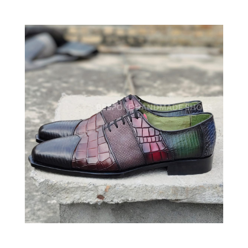 Bespoke Men's Multicolor Crocodile Leather Print Oxford Lace Up Dress Party Wear Shoes Men