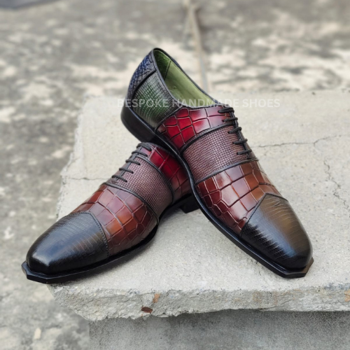Bespoke Men's Multicolor Crocodile Leather Print Oxford Lace Up Dress Party Wear Shoes Men