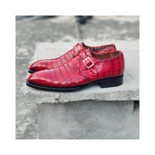 New Men's Handmade Red Crocodile Leather Texture Single Monk Strap Whole-Cut Dress Formal Wear Casual Shoes Men