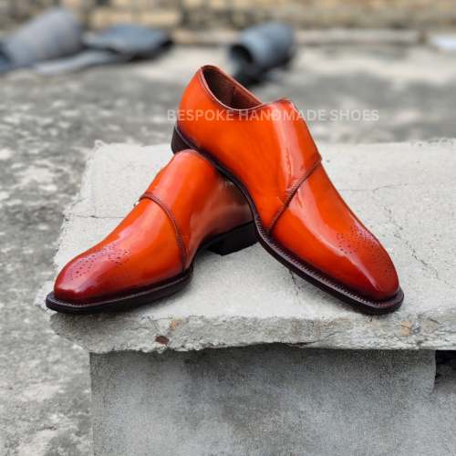 Tailor Made New Men's Orange Color Leather Oxford Double Monk Dress Party Formal Gift Shoes Men