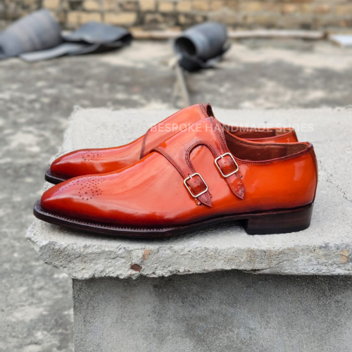 Tailor Made New Men's Orange Color Leather Oxford Double Monk Dress Party Formal Gift Shoes Men
