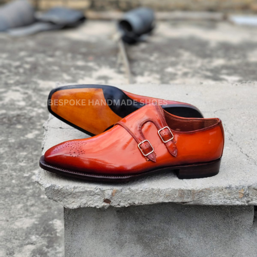 Tailor Made New Men's Orange Color Leather Oxford Double Monk Dress Party Formal Gift Shoes Men