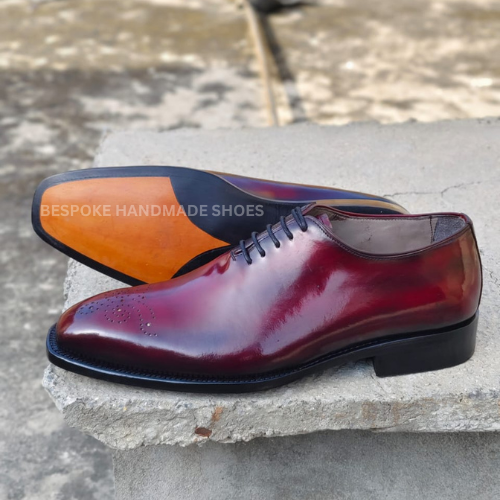 Bespoke Handcrafted Men's Burgundy Color Leather Oxford Whole-Cut Brogue Lace Up Dress Foraml Wear Party Shoes Men