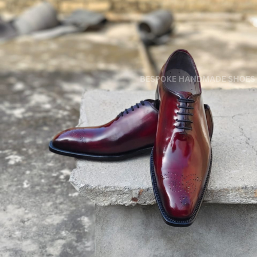Bespoke Handcrafted Men's Burgundy Color Leather Oxford Whole-Cut Brogue Lace Up Dress Foraml Wear Party Shoes Men
