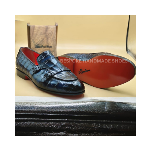 Bespoke Handmade Men's Blue Crocodile Leather Print Double Monk Slip On Loafers Men Slippers Initials Gift Formal Wear Shoes Men