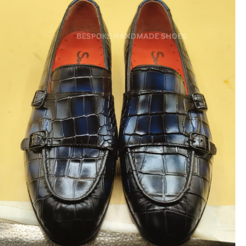 Bespoke Handmade Men's Blue Crocodile Leather Print Double Monk Slip On Loafers Men Slippers Initials Gift Formal Wear Shoes Men
