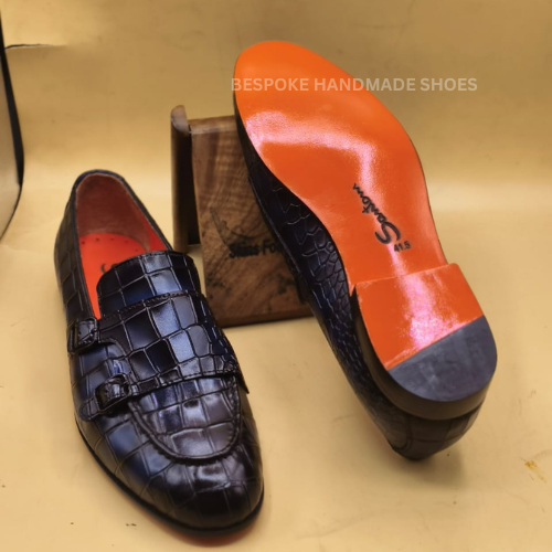 Bespoke Handmade Men's Blue Crocodile Leather Print Double Monk Slip On Loafers Men Slippers Initials Gift Formal Wear Shoes Men