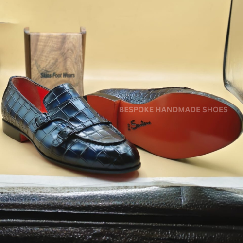 Bespoke Handmade Men's Blue Crocodile Leather Print Double Monk Slip On Loafers Men Slippers Initials Gift Formal Wear Shoes Men