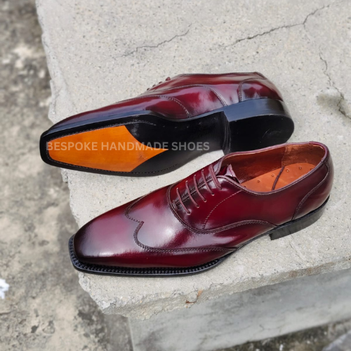 Handcrafted New Men's Burgundy Color Leather Oxford Wingtip Lace Up Formal Wear Casual Shoes Men