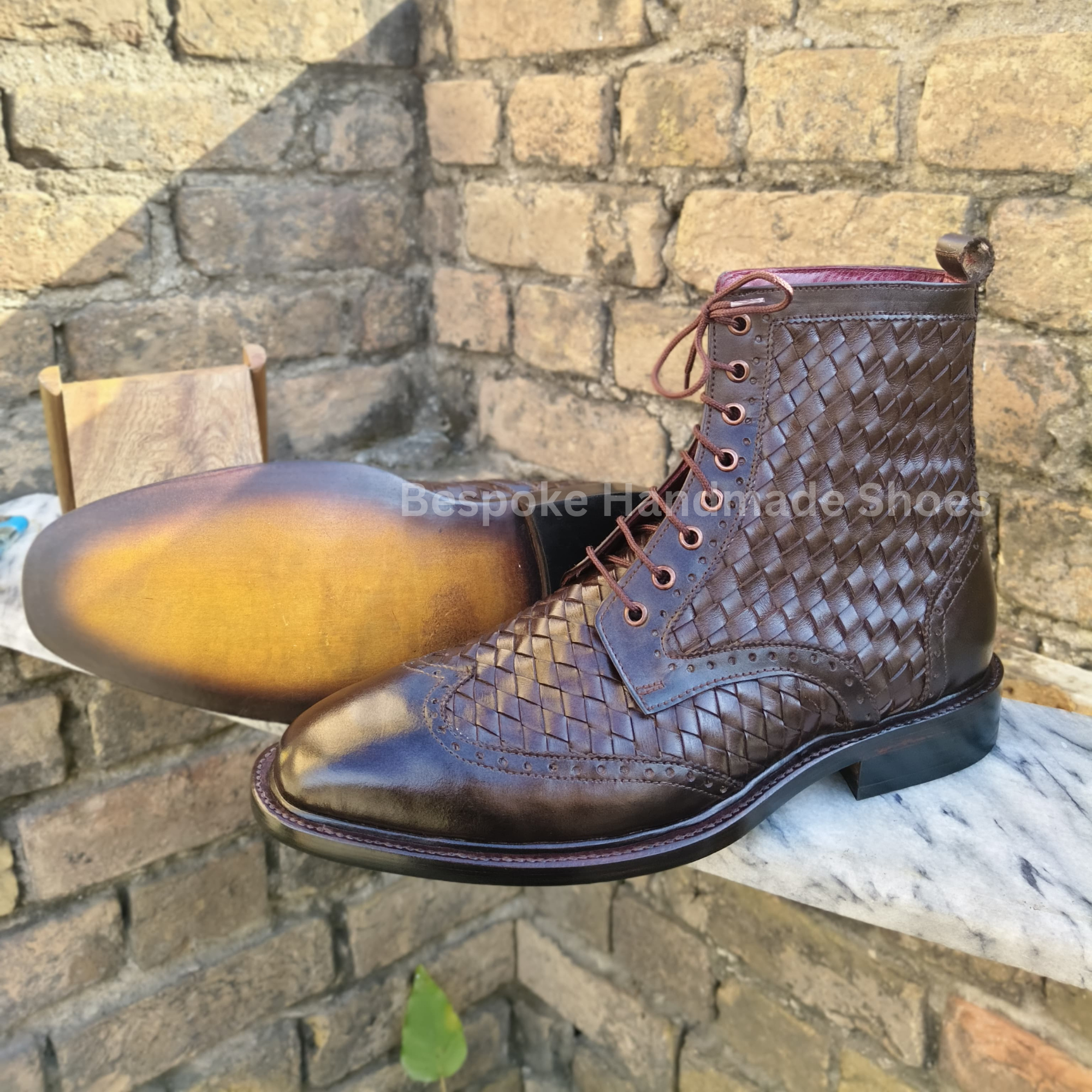 Bespoke Men's Handmade Brown Woven Leather Derby Lace Up High Ankle Formal Wear Boots Men