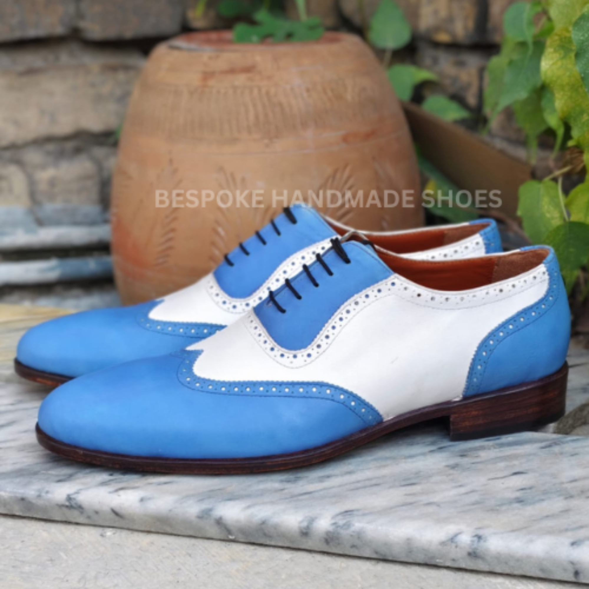 Tailor Made Men's Blue, White Color Leather Oxford Wingtip Lace Up Formal Wear Shoes