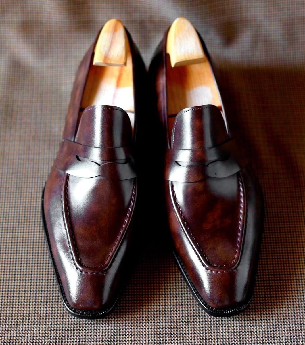 Bespoke Handmade Oxford Brown Leather Penny Loafers Slip On Shoes for Men's
