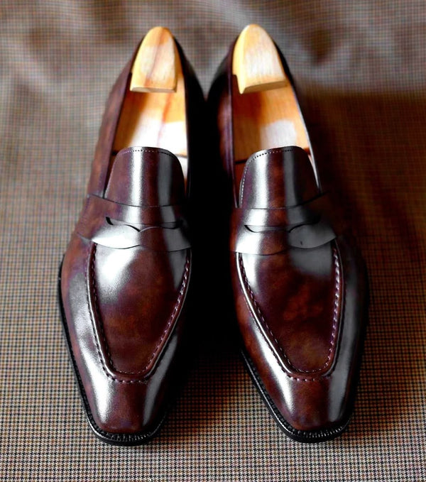 Bespoke Handmade Oxford Brown Leather Penny Loafers Slip On Shoes for Men's