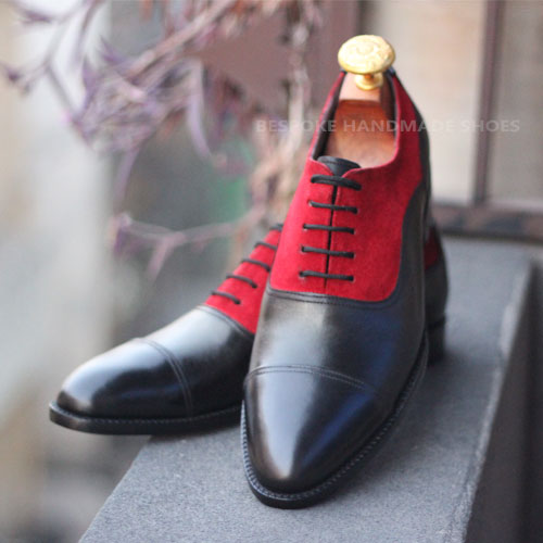 Custom made Black Leather Red Suede Cap toe Oxford Shoes, Lace Up Dress Men ShoesCustom made Black Leather Red Suede Cap toe Oxford Shoes, Lace Up Dress Men Shoes