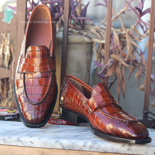 Handmade Men's Red Crocodile Leather Texture Slip On Moccasin Loafer Shoes