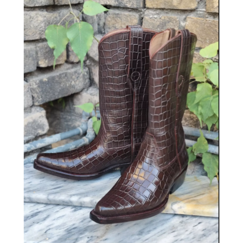 New Men's Bespoke Cowboy Dark Brown Western Ankle Fashion Croc Print Boots