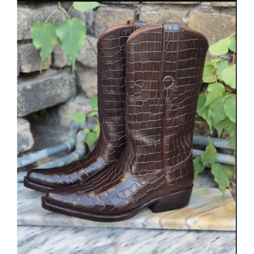 New Men's Bespoke Cowboy Dark Brown Western Ankle Fashion Croc Print Boots