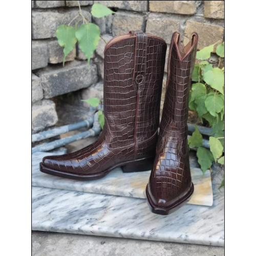 New Men's Bespoke Cowboy Dark Brown Western Ankle Fashion Croc Print Boots