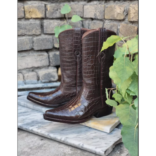 New Men's Bespoke Cowboy Dark Brown Western Ankle Fashion Croc Print Boots