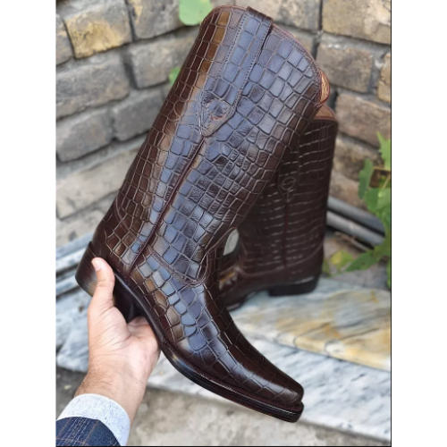 New Men's Bespoke Cowboy Dark Brown Western Ankle Fashion Croc Print Boots