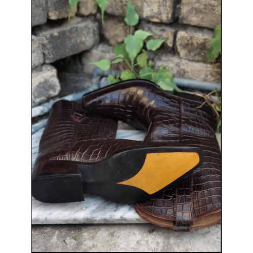 New Men's Bespoke Cowboy Dark Brown Western Ankle Fashion Croc Print Boots