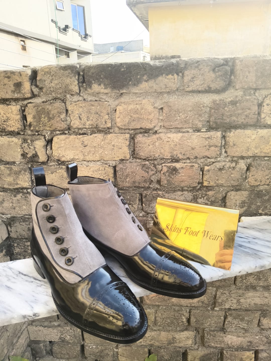 Handcrafted New Men's Black Leather, Gray Suede Toe-Cap Brogue Buttons High Ankle Dress Formal Wear Boots Men