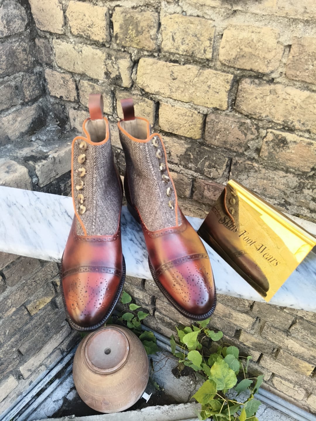 Custom Made New Men's Brown Color Leather & Fabric Oxford Buttons Cap-Toe Brogue High Ankle Casual Wear Boots Men