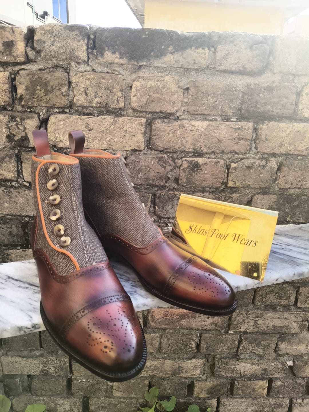 Custom Made New Men's Brown Color Leather & Fabric Oxford Buttons Cap-Toe Brogue High Ankle Casual Wear Boots Men