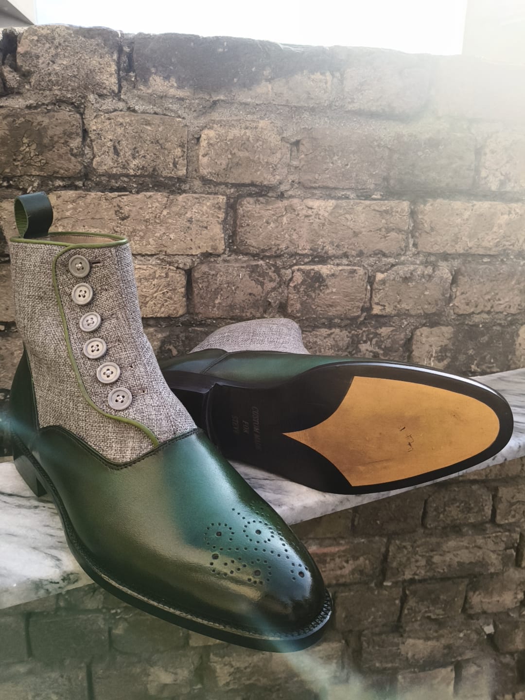 Handmade New Men's Green Leather, Gray Suede Oxford Brogue High Ankle Side Button Dress Boots Men