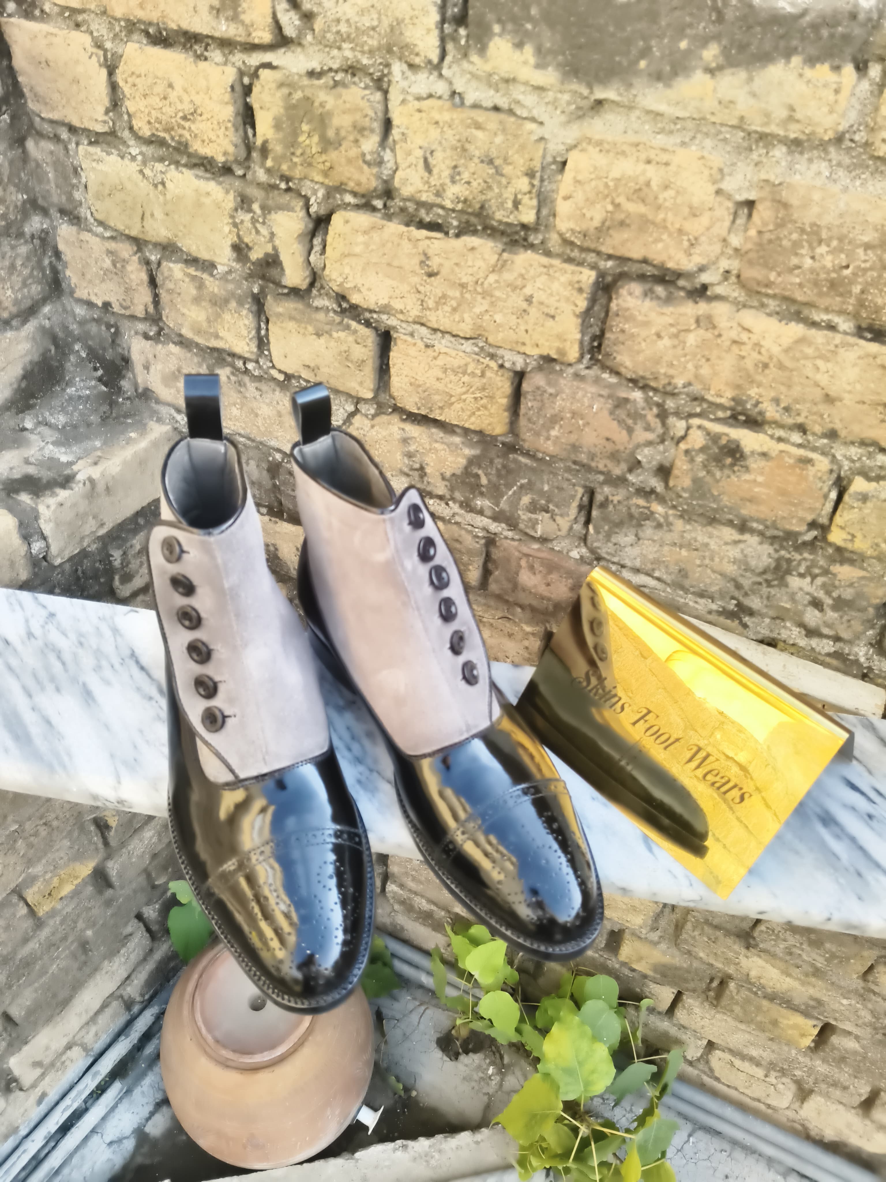 Handcrafted New Men's Black Leather, Gray Suede Toe-Cap Brogue Buttons High Ankle Dress Formal Wear Boots Men