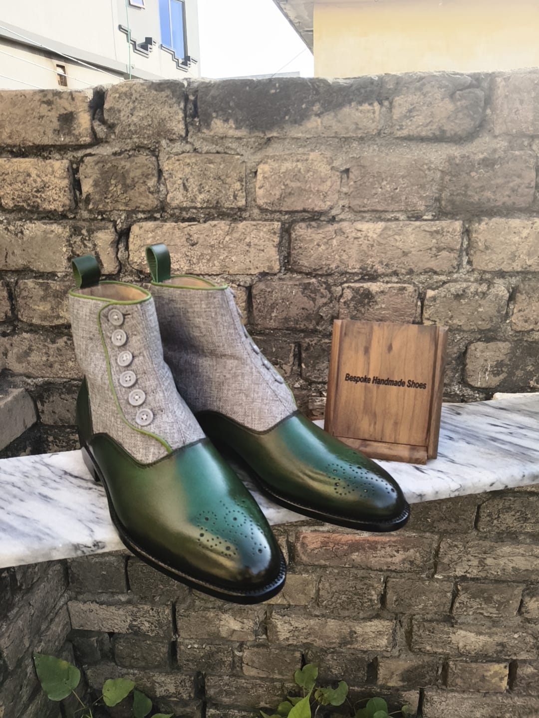 Handmade New Men's Green Leather, Gray Suede Oxford Brogue High Ankle Side Button Dress Boots Men