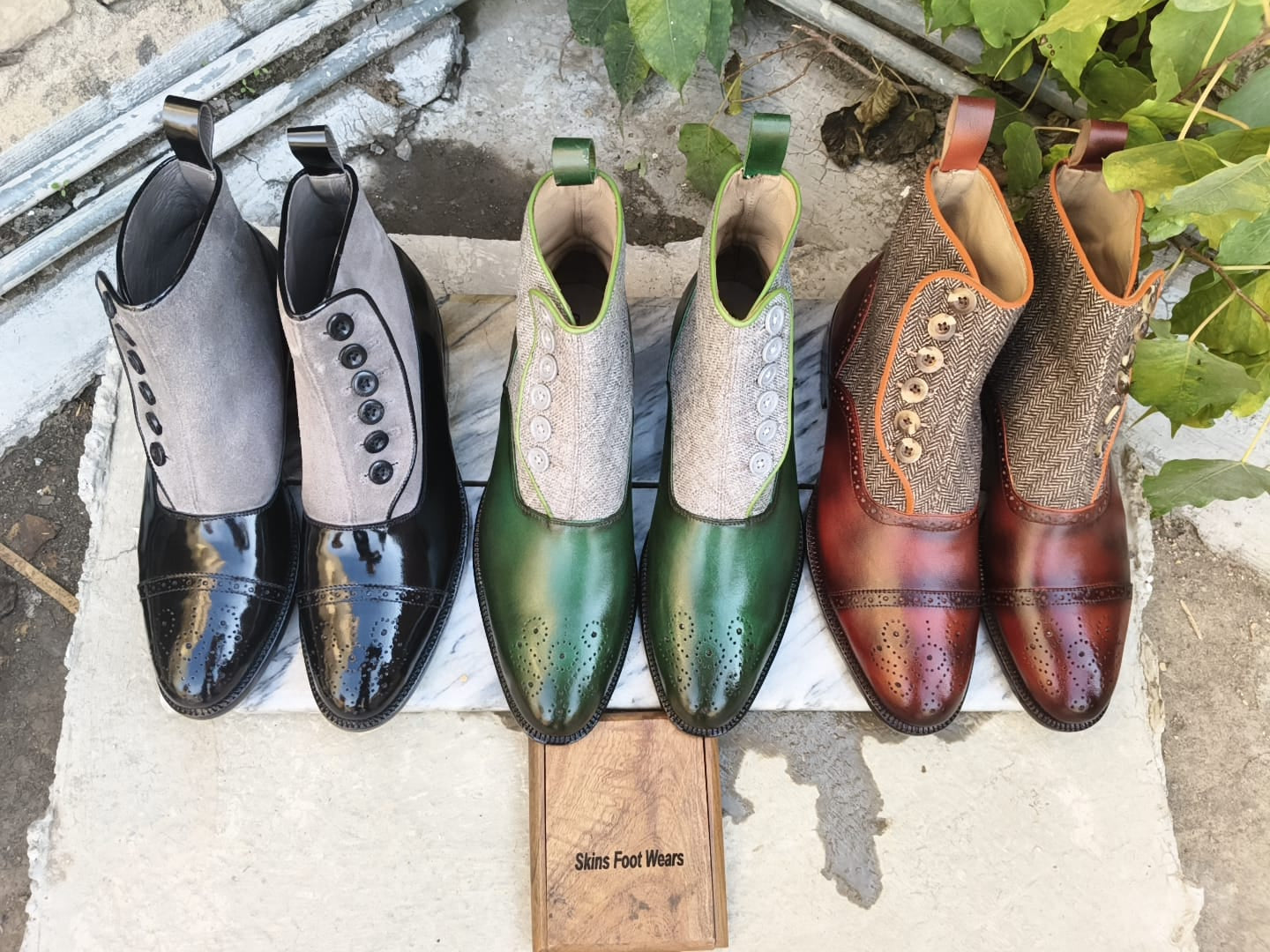 Handmade New Men's Green Leather, Gray Suede Oxford Brogue High Ankle Side Button Dress Boots Men