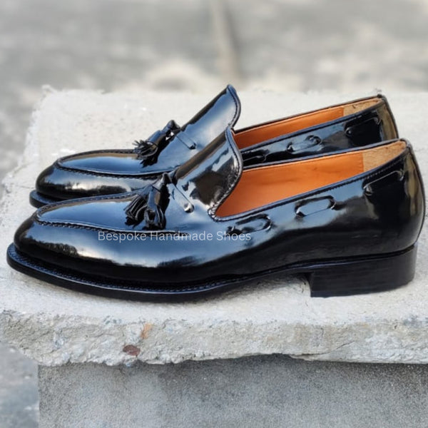 Handstitched Men's Shinny Black Color Leather Oxford Slip On Moccasin Tassels Loafer Dress Casual Wear Shoes Men