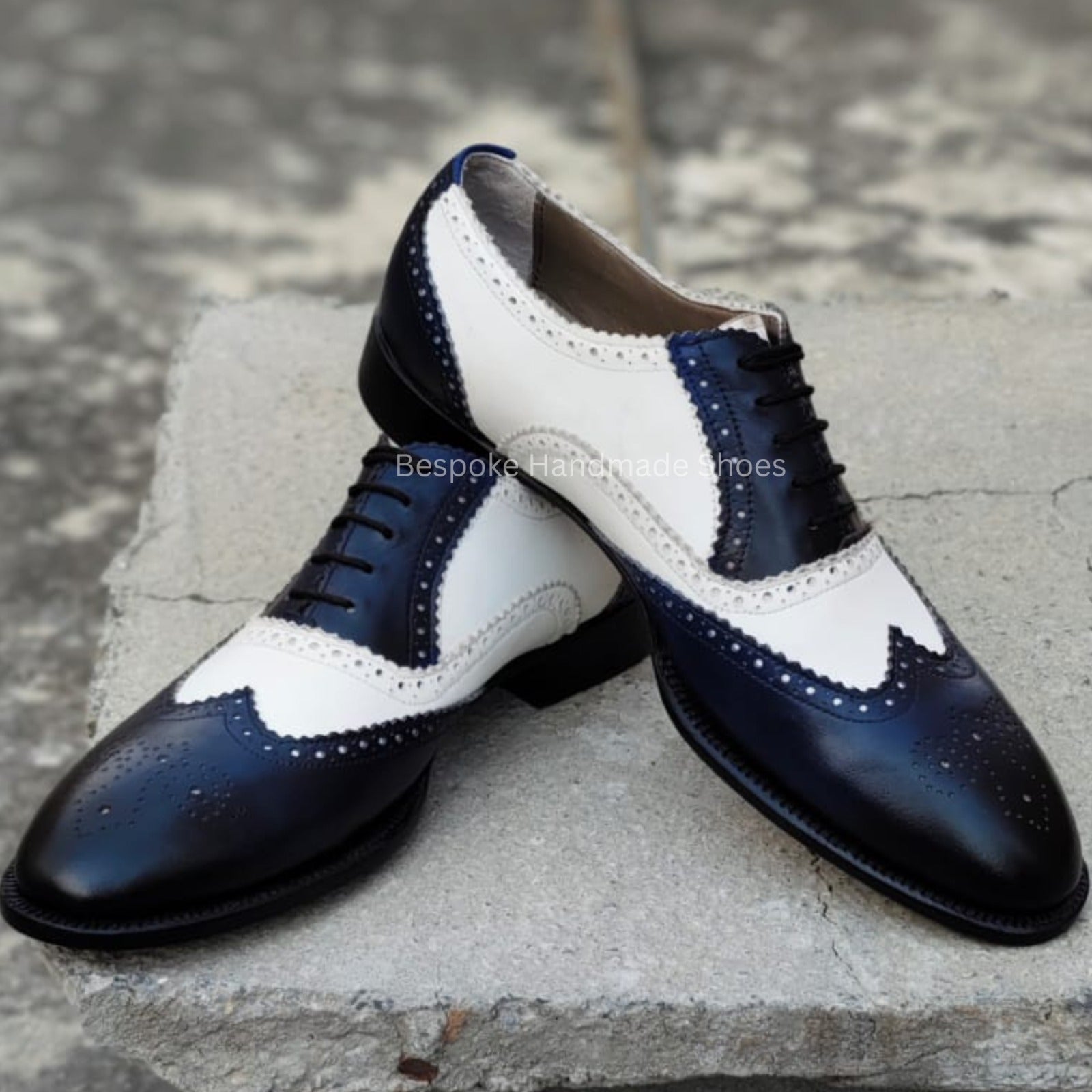 Bespoke Men's Handmade Two Tone Leather Oxford Wingtip Brogue Lace Up Dress Casual Wear Shoes Men